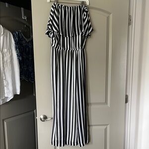 Black and White Striped Off-Shoulder jumpsuit.